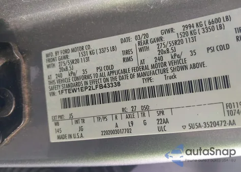 2020 Ford F150 Supercrew из США, поврежденный, VIN 1FTEW1EP2LFB43338